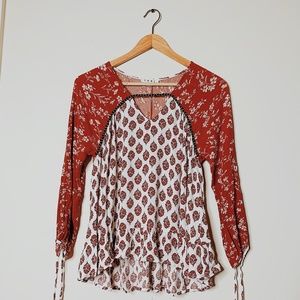 Anthro THML Burnt Orange Blue Gypsy Boho Blouse
